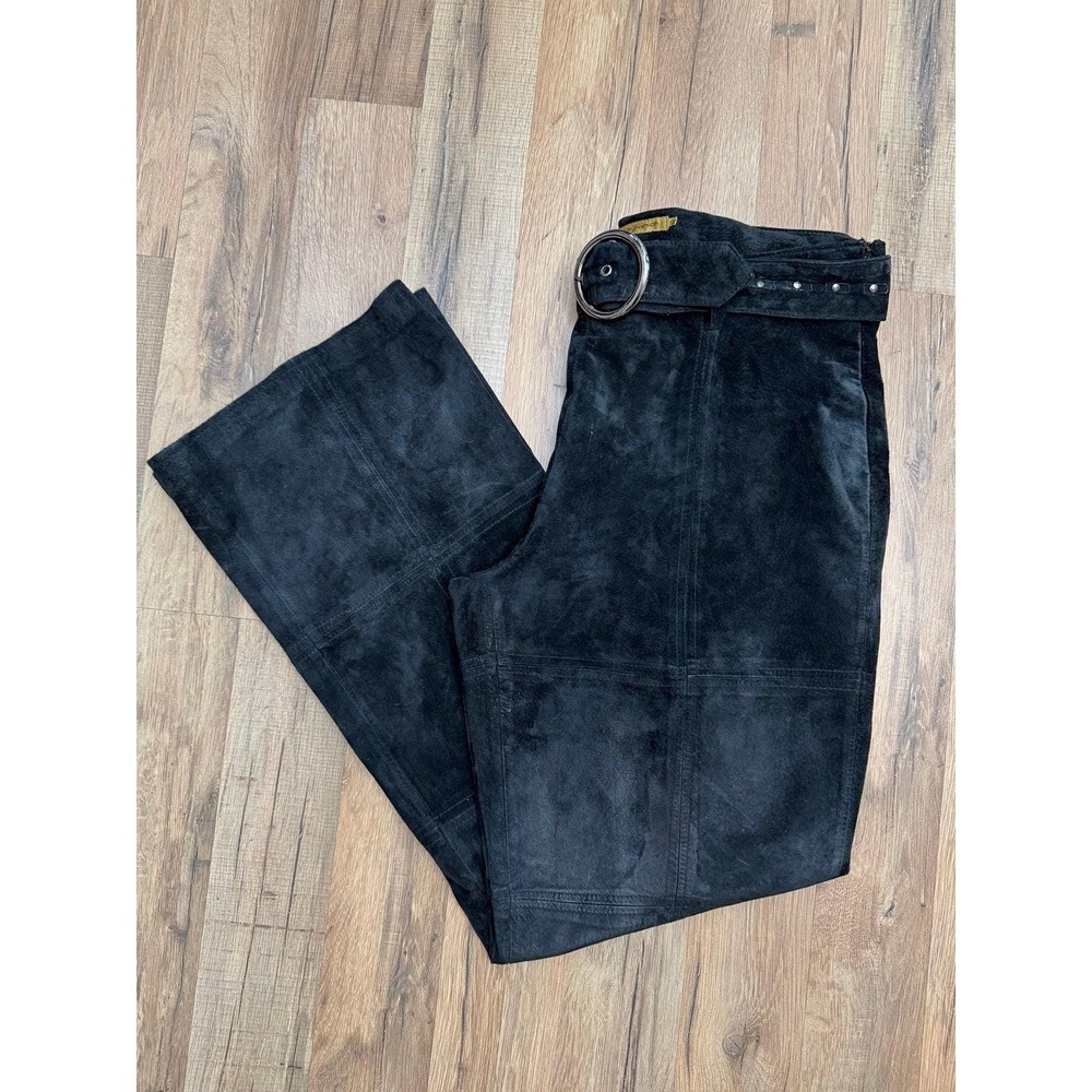 Ken Carson Black Suede Leather Pants Belted Flare Y2K‎ Size 12